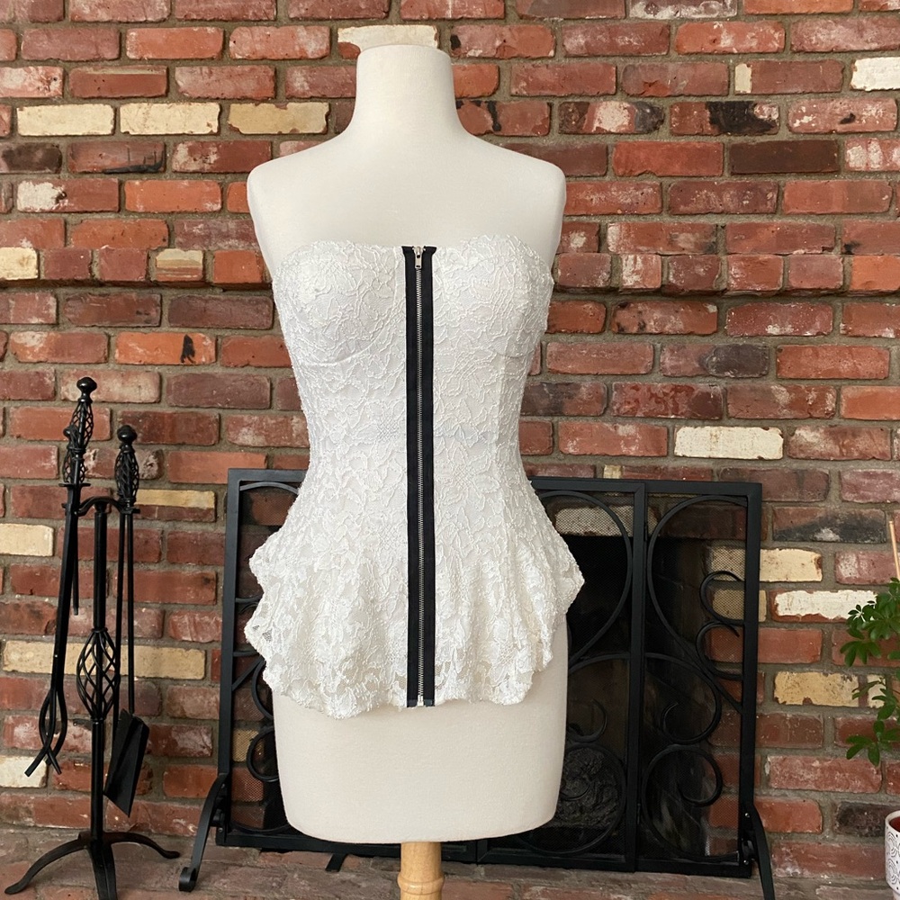 Finesse White Lace Strapless Top with Black Zipper